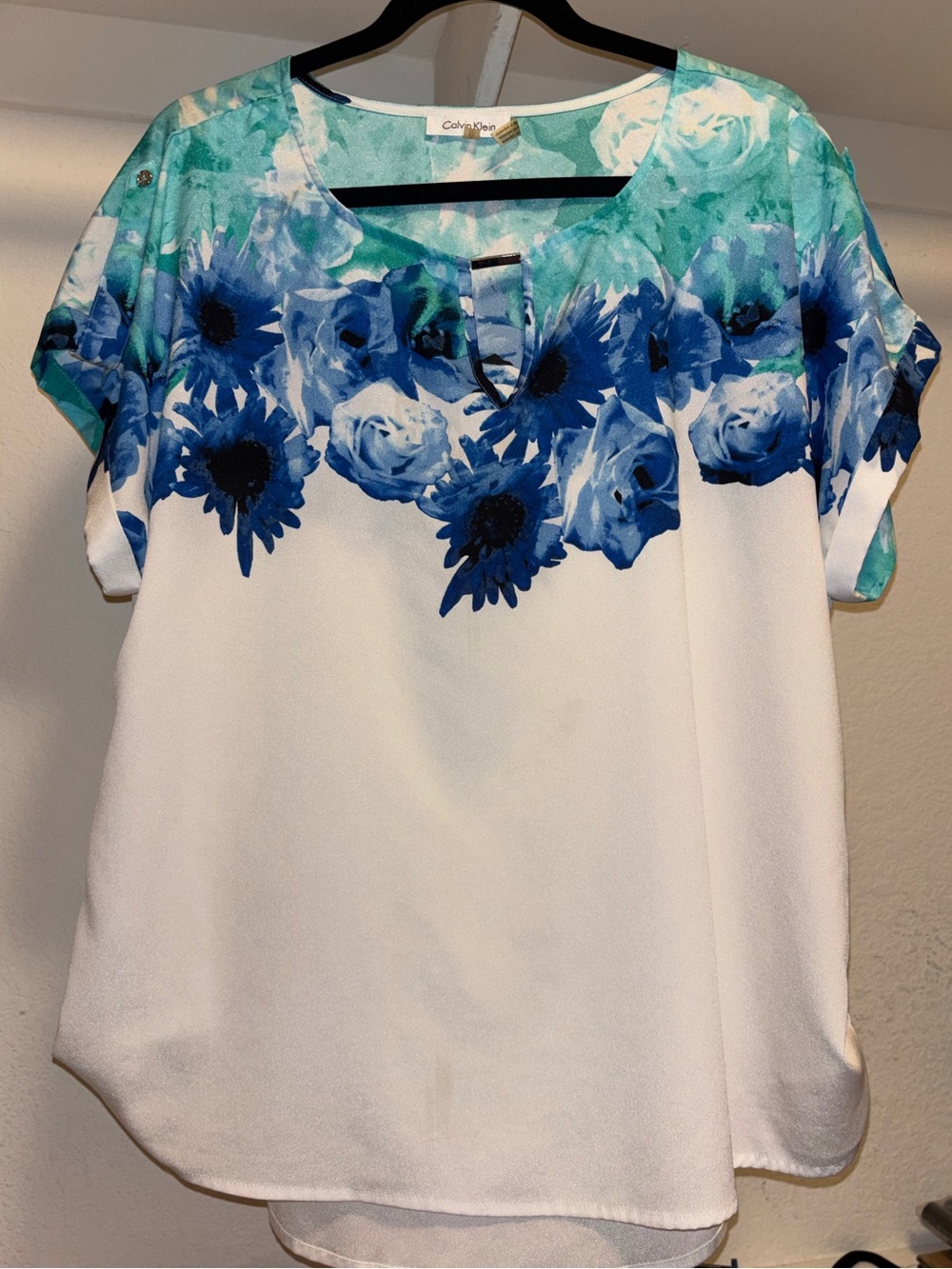 Calvin Klein White Blue Floral Blouse XL